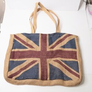 HomArt Union Jack Burlap Tote Bag Large British Flag Jute Market Shopper Tan
